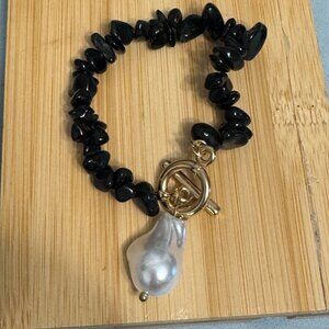 Black Crystal Pearl Charm Bracelet